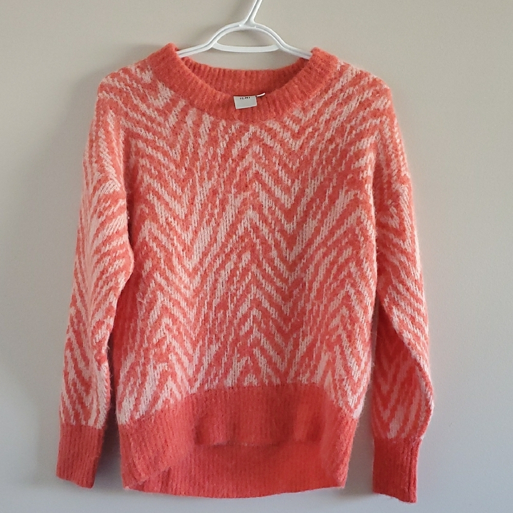 IChi Chevron Patterned Choral Salmon Alpaca Blend Sweater Sz S Whimsy Scandi